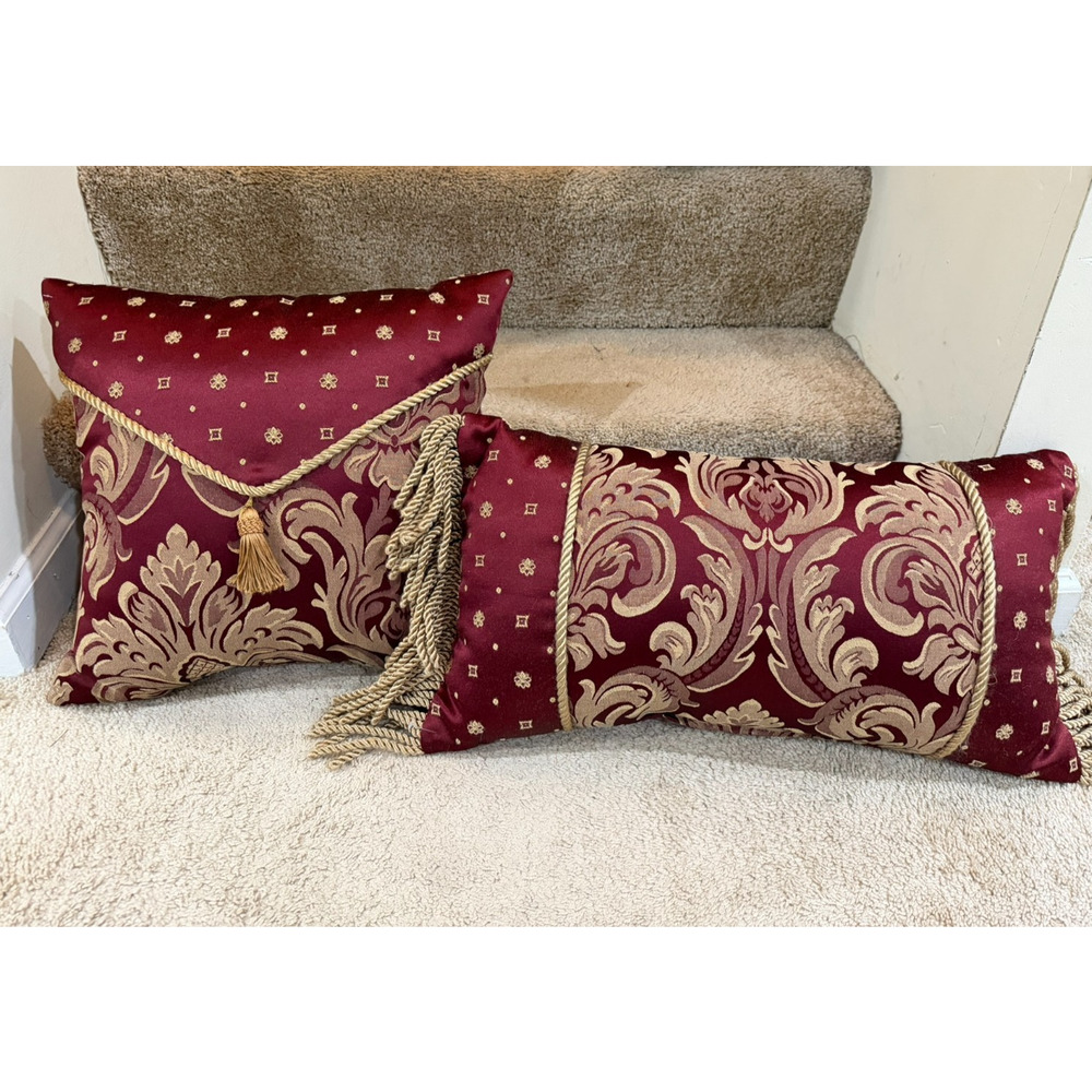 Croscill Burgundy Gold Bed Accent Pillow Set Tassel Fringe Damask Decorative - Picture 7 of 7